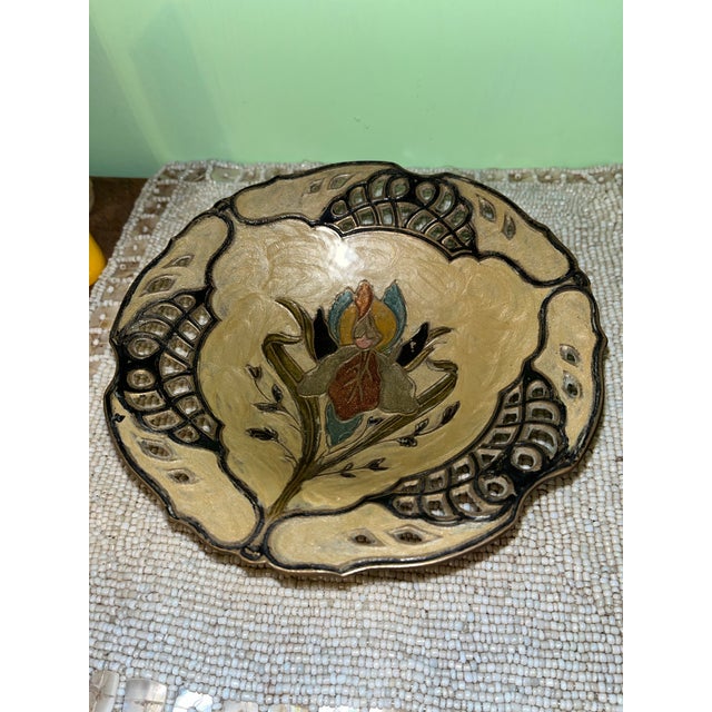 1960s Mid-Century Brass Hand Painted Floral Design Decorative Bowl For Sale - Image 5 of 9
