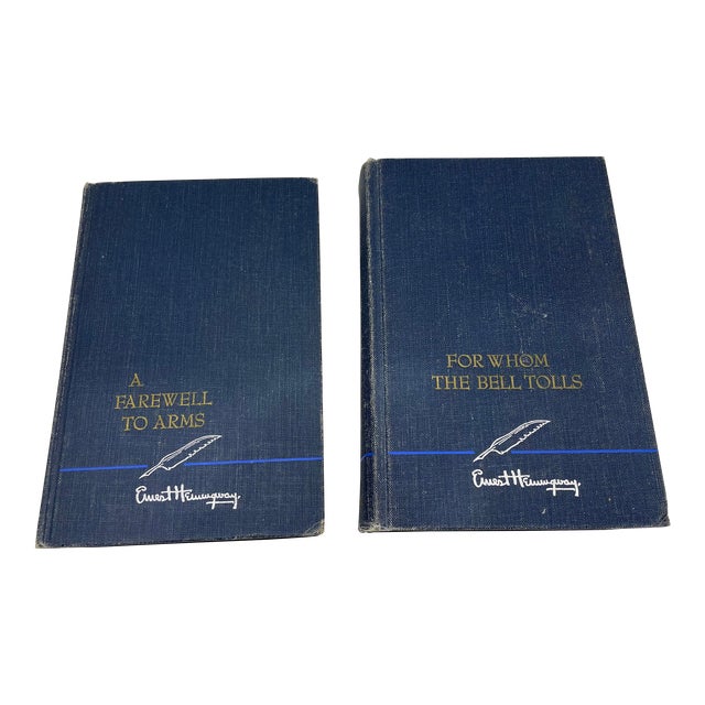 Set of 2 Blue Fabric Vintage Books by Ernest Hemingway for Reading or Decor For Sale