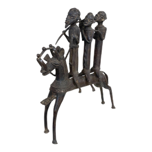 Lg Vintage African Kotoko Bronze Horseman W/ 3 Companions 17" H Chad