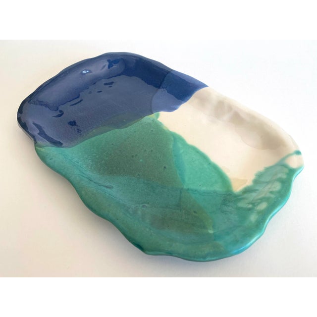 Contemporary Organic Modernist Vintage 1997 Studio Pottery Drip Glaze Colorblock Artisan Ceramic Serving Platter For Sale - Image 10 of 13