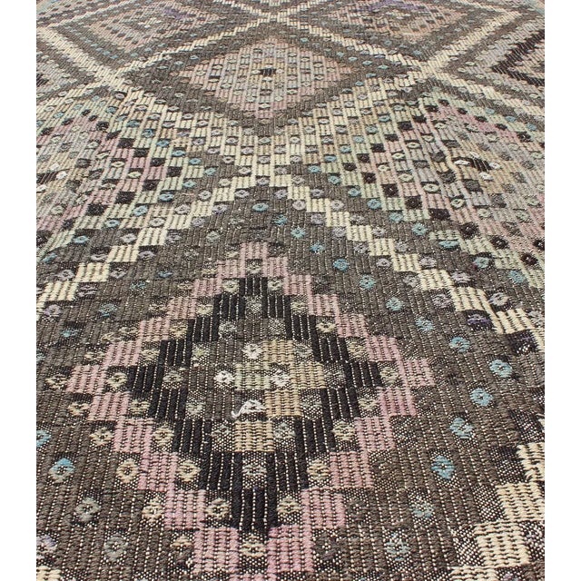 Textile Mid 20th Century Mid 20th Century Vintage Turkish Flat Weave With Diamond Design in Gray Black Lavender & Green For Sale - Image 7 of 13