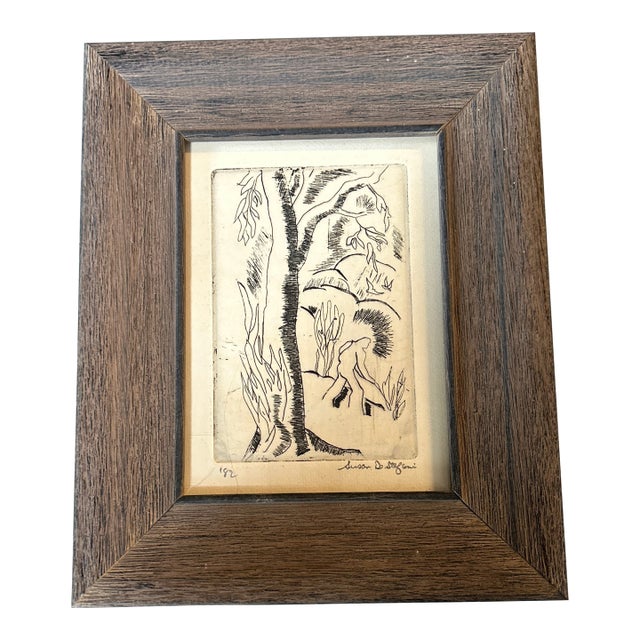 1980’s Original Folk Art Forest Scene Etching For Sale