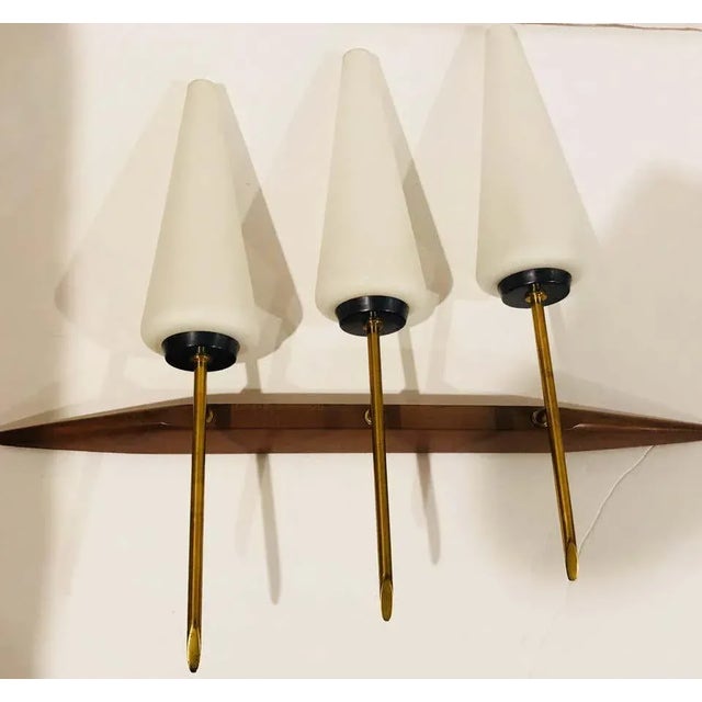 Mid-Century Modern 1960s French Teak and Brass Three Light Wall Lamps - a Pair For Sale - Image 3 of 8