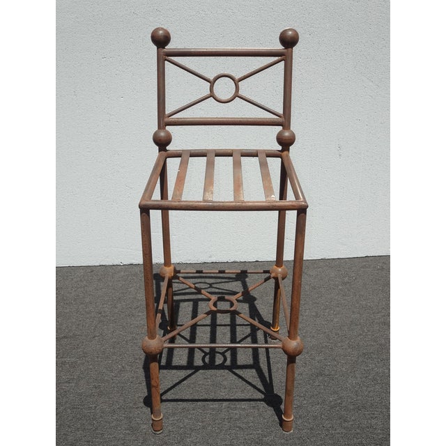 1970s Set Three Vintage Rustic Spanish Style Iron Barstools Crackle Finish No Cushions For Sale - Image 5 of 12