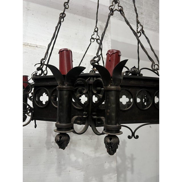 Large Renaissance-style hammered wrought iron chandelier Beautiful antique patina Twelve-light chandelier Very good...