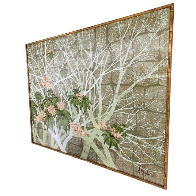 Green Massive Mid-Century Modern Lee Reynolds Botanical Oil Painting in Gold Gilt Faux Bamboo Wood Frame For Sale - Image 8 of 15