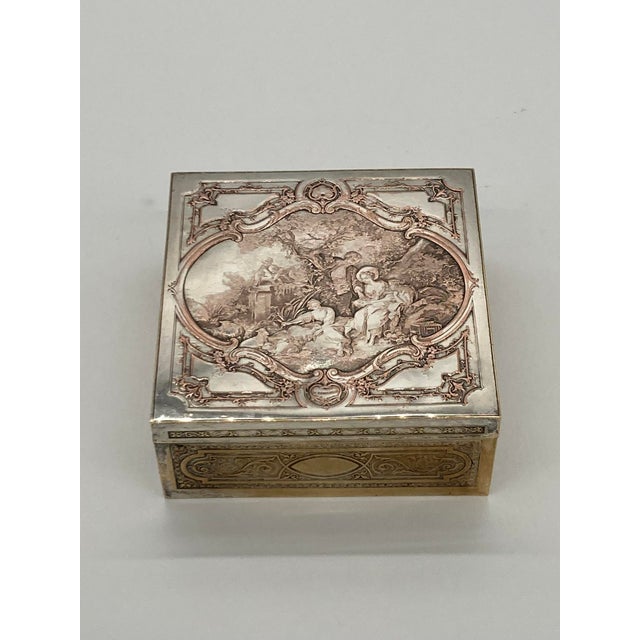 Art Nouveau Antique Silver Plated Jewelry Box Le Denicheur by Boucher Engraved by B.Wicker For Sale - Image 3 of 17