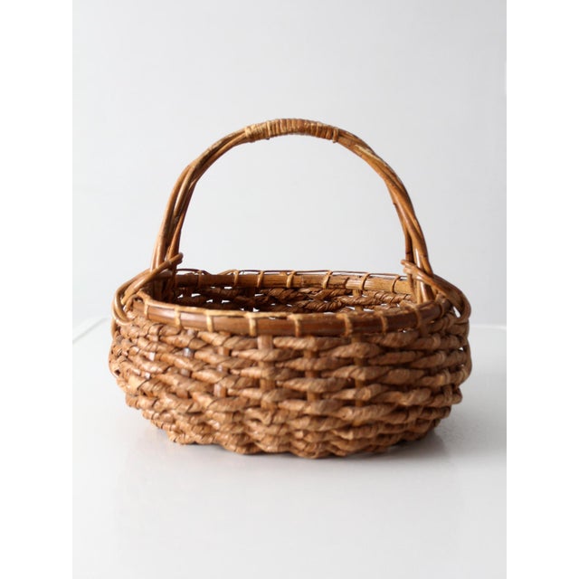 Wood Vintage Coil Basket With Handle For Sale - Image 7 of 12
