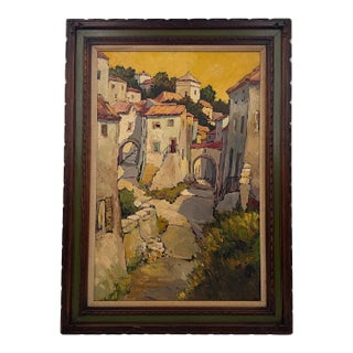 Large Vintage Original Oil Painting Spanish Village Mediterranean Scene For Sale