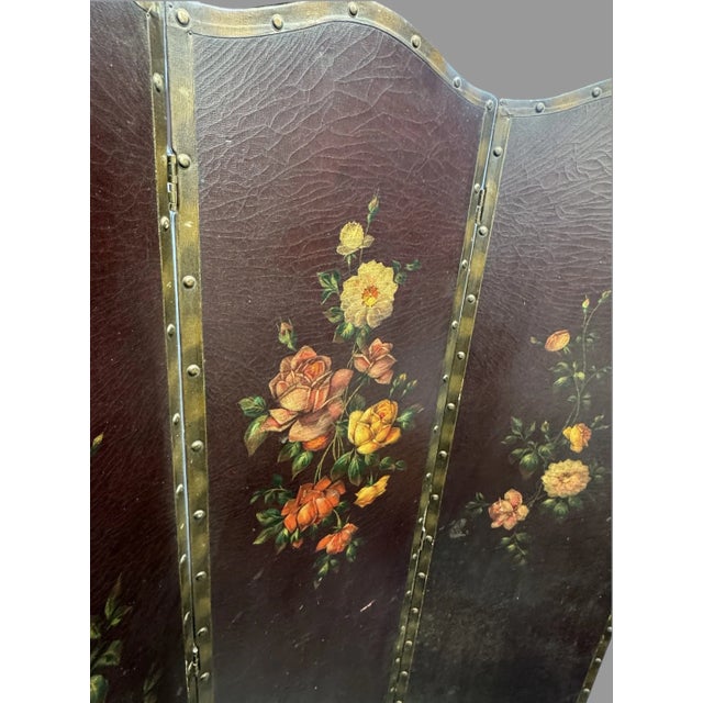 Antique Hand Painted Floral Decorated Folding Leather Dressing Screen For Sale - Image 4 of 9
