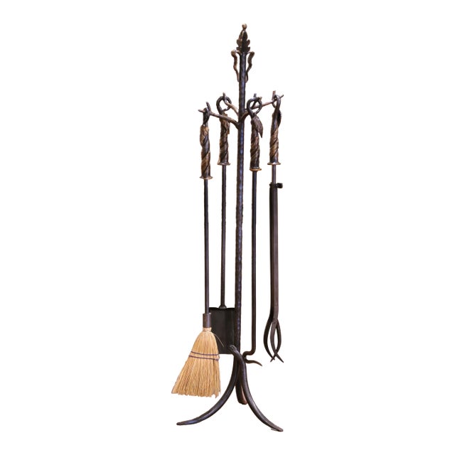 Vintage French Gothic Wrought Iron "Serviteur" Fireplace Tool Set, Five Pieces For Sale