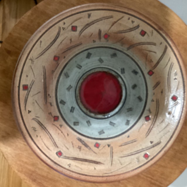 Handcrafted Art Studio Eartware Wall Decor Platter/Bowl With Raised Central Red Medallion Circa 2013 Signed For Sale - Image 9 of 12