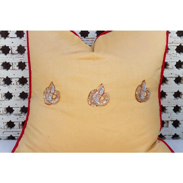Indian Gold Peacock Sage Silk Blend Pillow Cover For Sale - Image 3 of 5