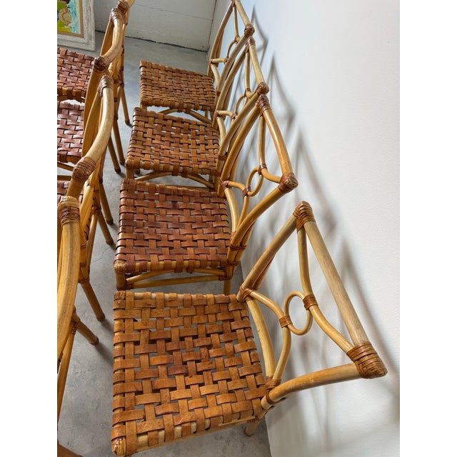 1980s Vintage McGuire-Style Boho Chic Coastal Rattan & Leather Dining Chairs – Set of 8 For Sale - Image 5 of 12