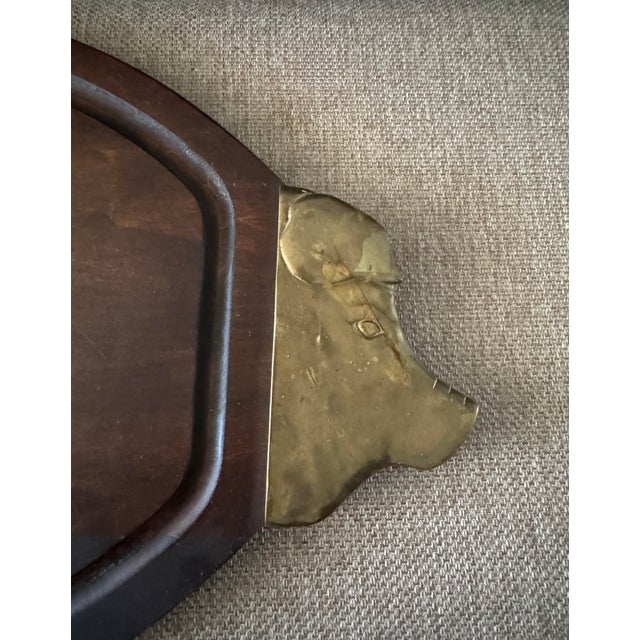 Brass Vintage Mid-Century Walnut Carving Board With Solid Brass Pig Head Handles | Sculptural Charcuterie & Serving Board For Sale - Image 8 of 11