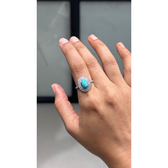 Contemporary Early 18th Century 1.51ct Cabochon Turquoise & Diamond 14k Gold Ring Size 4 For Sale - Image 3 of 16