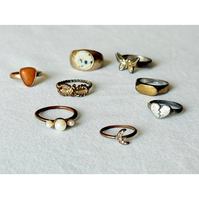Metal Vintage Style Mini Charm Ring Collection, Mixed-Metal Costume Jewelry For Sale - Image 7 of 17