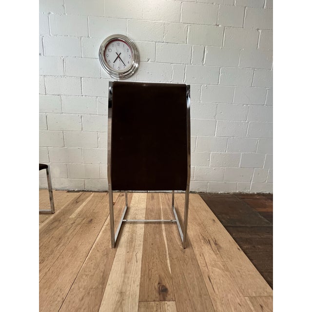 1970s Set of 4 Modern Chrome Dining Chairs in Brown Ultrasuede, Milo Baughman Style For Sale - Image 5 of 8
