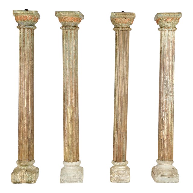 Antique Columns in Patinated Wood with Stone Bases, Set of 4 For Sale
