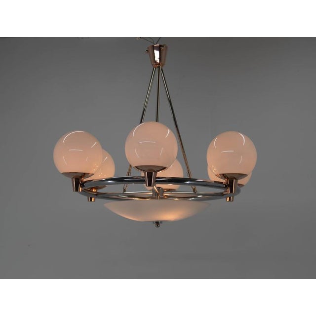 Copper Art Deco Chandelier in Chrome, Copper & Opaline Glass, Czech, 1930s For Sale - Image 8 of 18