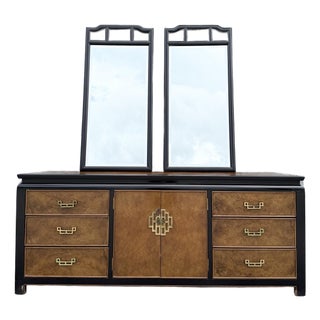 Vintage Chinoiserie Burlwood and Black Dresser by Centruy For Sale