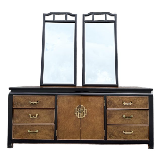 Vintage Chinoiserie Burlwood and Black Dresser by Centruy For Sale