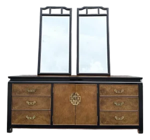 Vintage Chinoiserie Burlwood and Black Dresser by Centruy