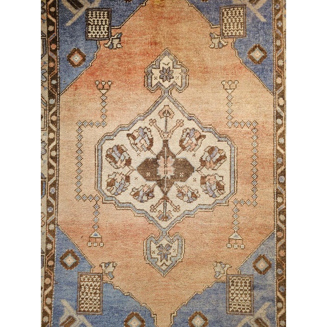Brown Vintage Turkish Oushak Area Rug, Hand-Knotted Wool, Blue & Tan, 4' x 6' For Sale - Image 8 of 15