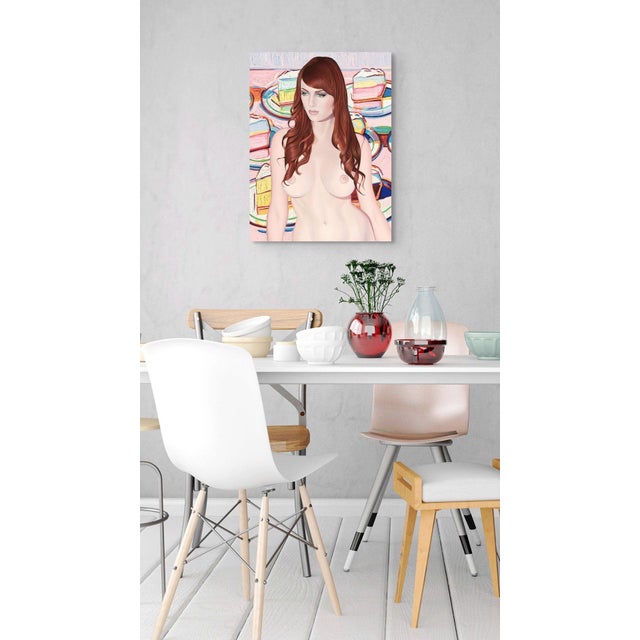 Meringues by Suzy Smith | Oil on Panel Portrait of a woman with meringue desserts in the background For Sale - Image 4 of 5