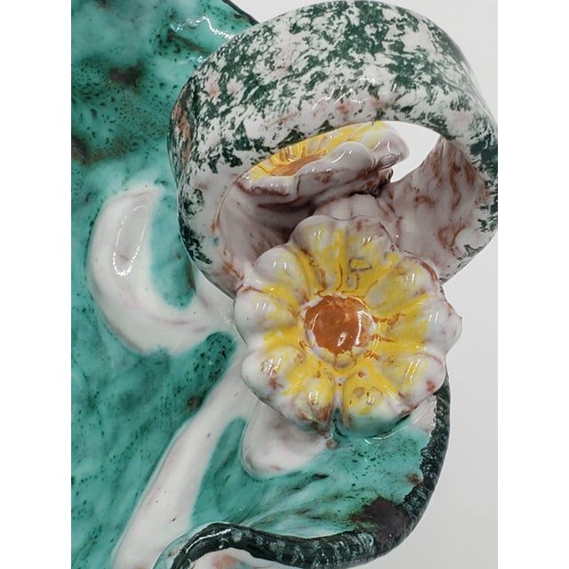 Teal Vintage Hand-Crafted Italian Teal Pottery Basket/Bowl With Yellow Flowers For Sale - Image 8 of 10