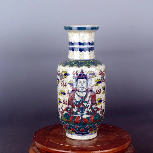 H-40cm,W-19cm This Blue and White Famille Verte Porcelain Mallet-Shaped Vase is a vintage piece hand-painted with a Buddha...