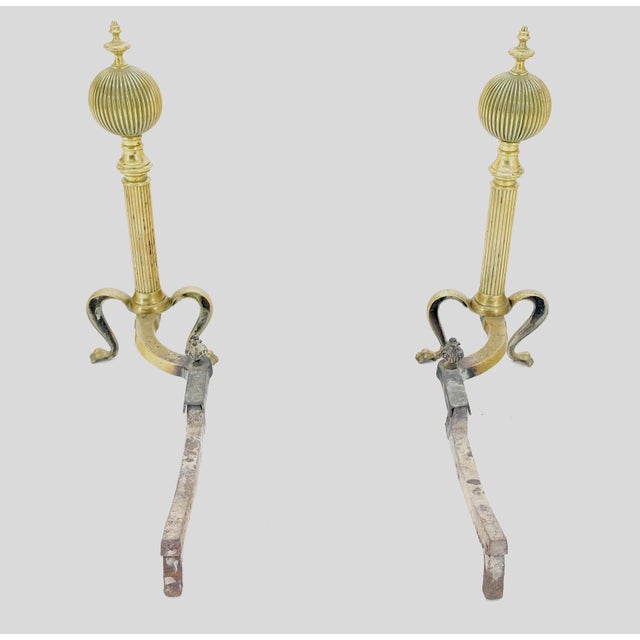 Pair of Antique Solid Brass Ball Top Claw Feet Fireplace 22" Tall End Irons MINT For Sale - Image 9 of 9