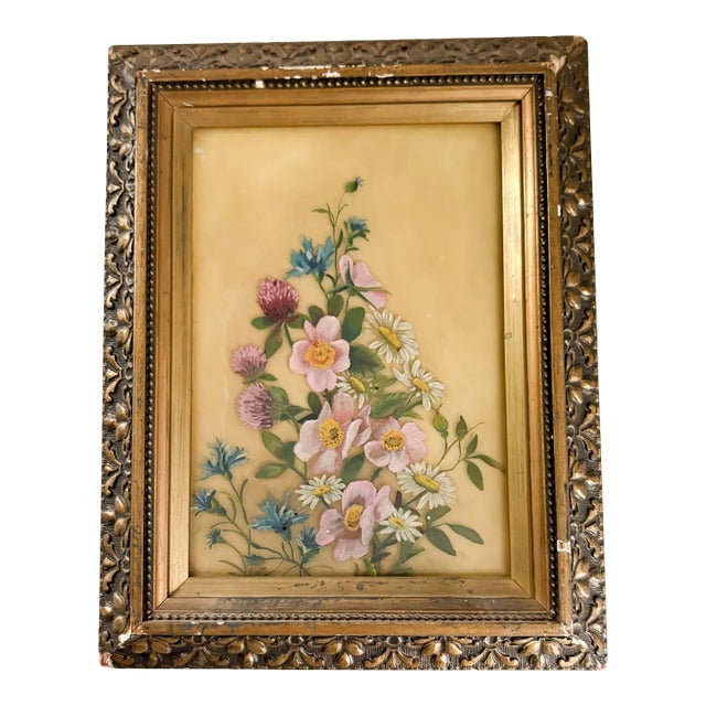 Antique 1920's Floral Painting on Glass, Gilt Gold Framed Flower Painting on Glass For Sale