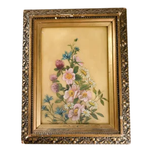 Antique 1920's Floral Painting on Glass, Gilt Gold Framed Flower Painting on Glass