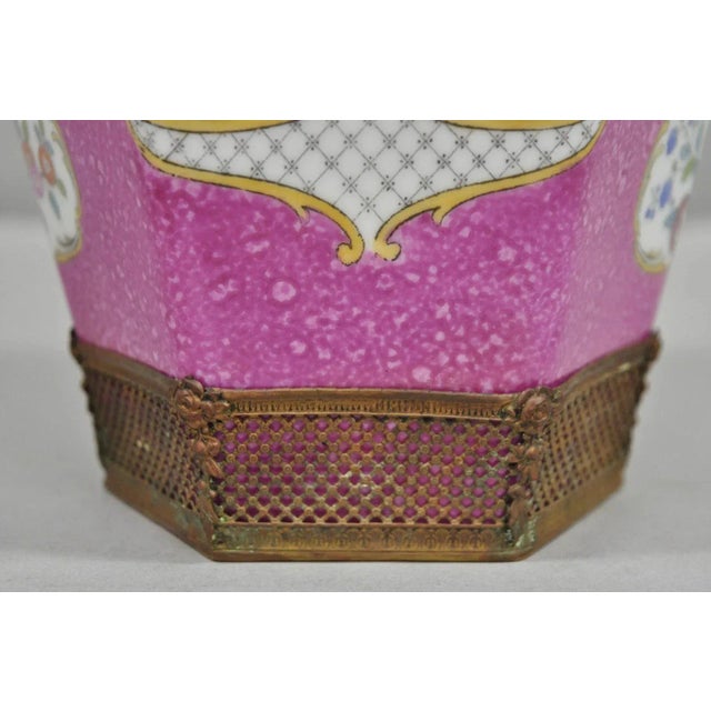 Ceramic Antique Chinoiserie Pink French Porcelain German Ormulu Bird Painted Vase For Sale - Image 7 of 11