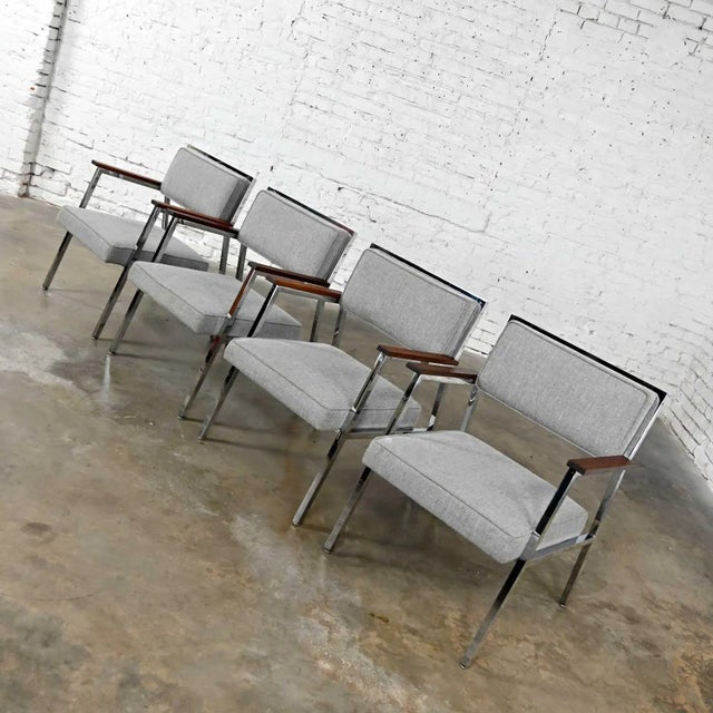 Wood Mid-Century Modern Industrial Style Chrome & Gray Armchairs by Steelcase Set of 4 For Sale - Image 7 of 13
