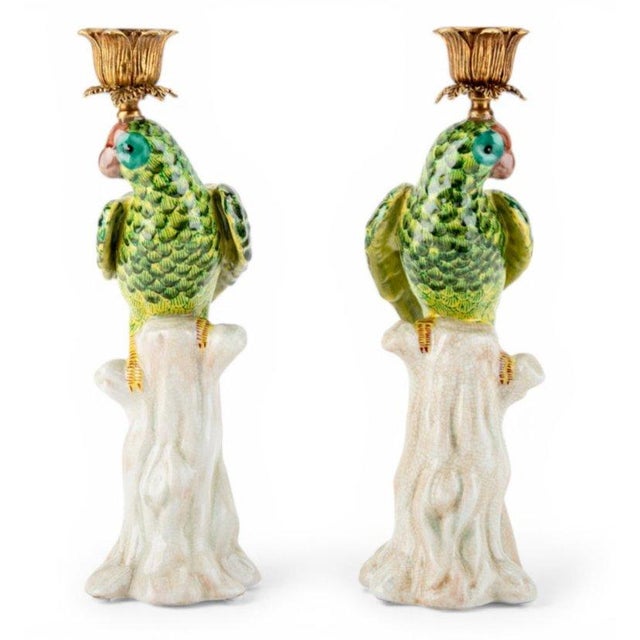Ceramic Green Porcelain Parrot Candleholder Pair With Bronze Ormolu For Sale - Image 7 of 9