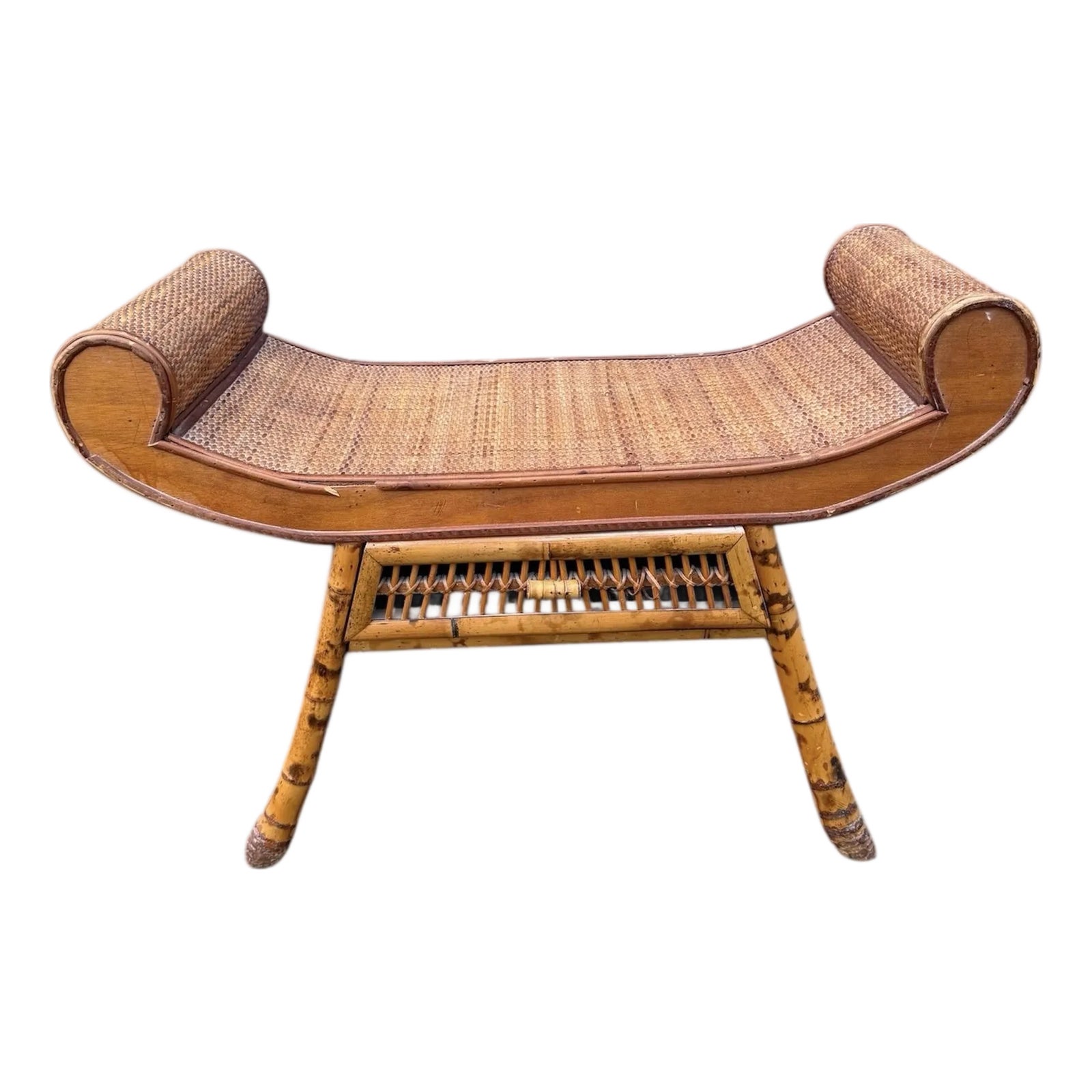 Vintage Tortoise Bamboo and Rattan Weave Scrolling Curved Bench | Chairish