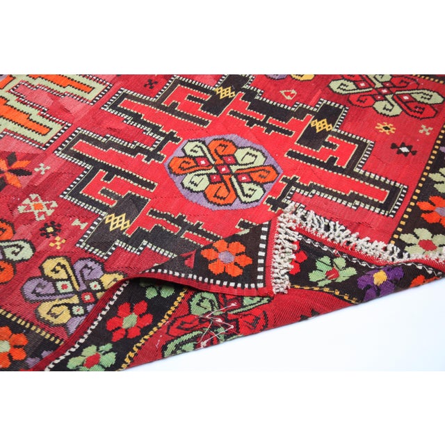 Red Authentic Handwoven Kars Kilim -Vibrant Naturally Dyed 100% Wool Kilim Rug For Sale - Image 8 of 12