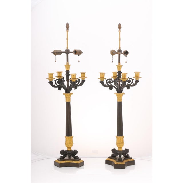 Pair of Monumental Patinated Bronze and Gilt Bronze Candelabra Lamps, Empire Style For Sale - Image 9 of 14