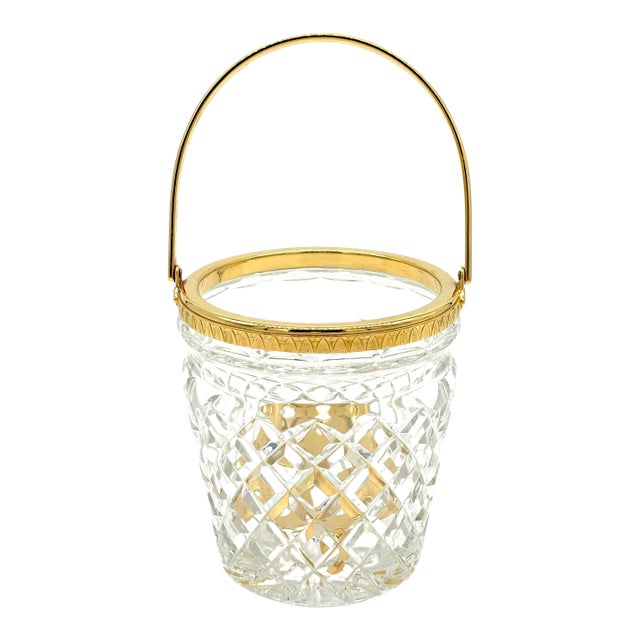 Christofle Neocalssical Cut Crystal Gold Washed Swing -Handled Ice Bucket For Sale