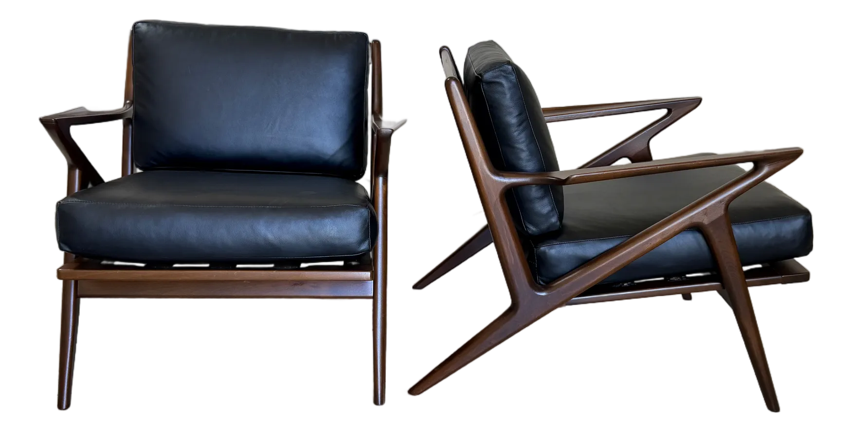 Danish Modern Walnut and Black Leather Lounge Z Chairs by Poul