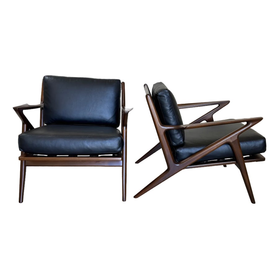 Danish Modern Walnut and Black Leather Lounge Z Chairs by Poul