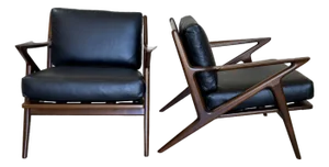 Danish Modern Walnut and Black Leather Lounge Z Chairs by Poul Jensen - A Pair