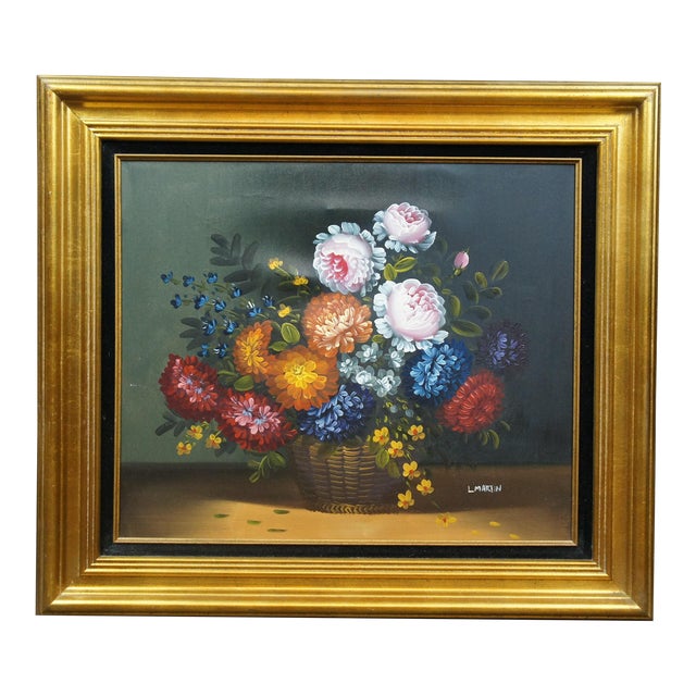 Late 20th Century L. Martin Floral Botanical Still Life Bouquet of Flowers Oil Painting on Canvas, Framed For Sale
