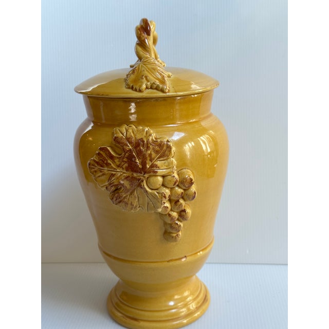 1980s Arte Italica "Sole Mustard" Ceramic 13" Tall Yellow Jar With Lid Grapes Leaves Design Made in Italy For Sale - Image 17 of 18