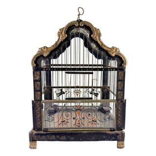 Art Nouveau Black Japanned Metal Bird Cage, Hand-Painted, Circa 1900-1920 For Sale