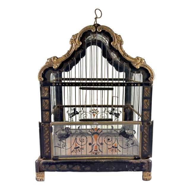 Art Nouveau Black Japanned Metal Bird Cage, Hand-Painted, Circa 1900-1920 For Sale