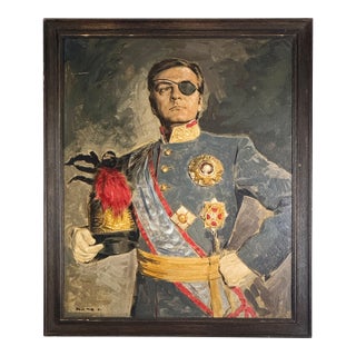 One Patched Eye 1960s Vintage Framed Oil on Board Painting of Military Man For Sale