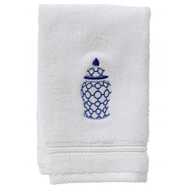 Blue Ginger Jar Chain-Links Guest Towel in White Terry, Embroidered For Sale - Image 4 of 4